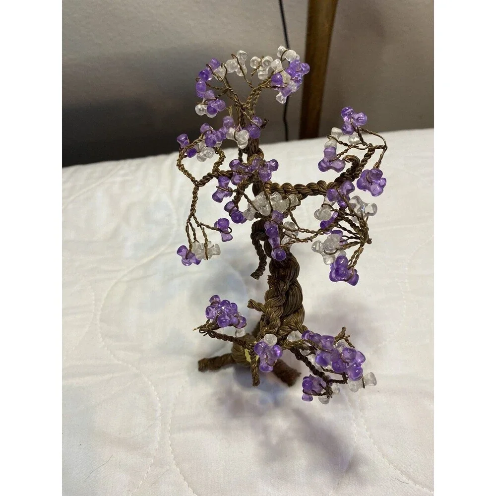 Bonsai Tree Of Life With Purple Beads Copper Wire
